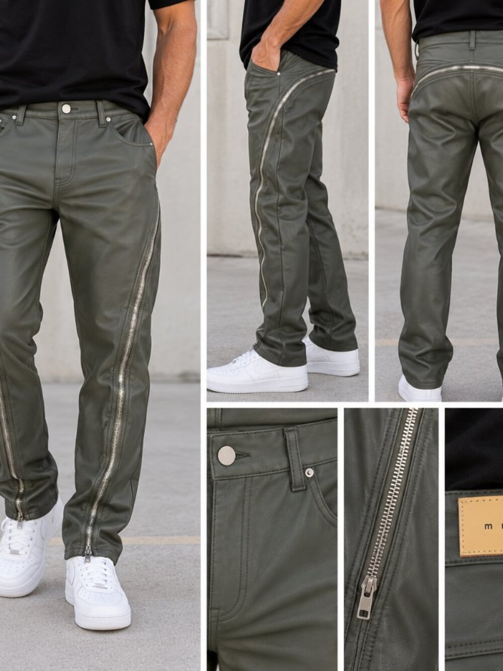 MNML Mens 40 Olive Faux Leather Zip Detail Moto Biker Streetwear Pants qo